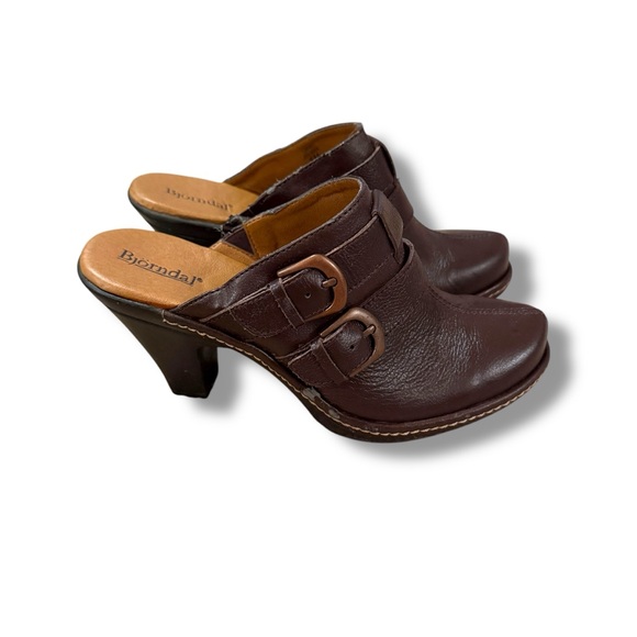 Bjorndal‎ Juliana Brown Leather Slip On Buckle Heeled Mules Sz 6.5 - Picture 1 of 11